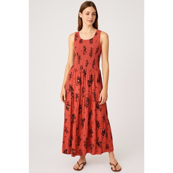 Torrid Coral Red Floral Smocked Midi Dress Size 2 (18/20) - Picture 1 of 6